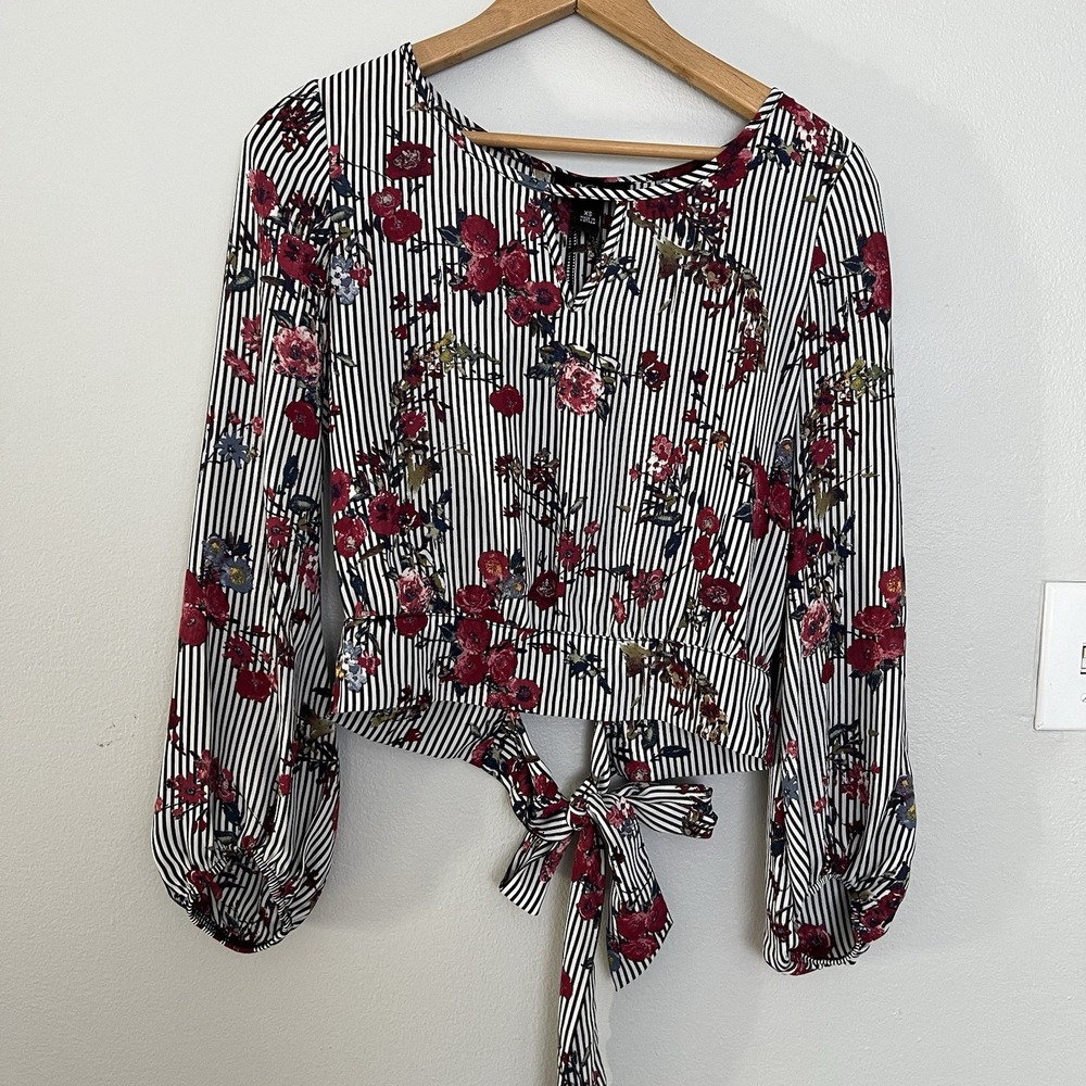 BCX Floral Striped Tie-Front Blouse – Long Sleeve Boho Crop Top Size XS